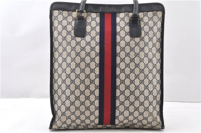 Authentic GUCCI Vintage Sherry Line Tote Hand Bag GG PVC Leather Navy 0880G