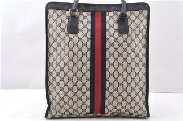Authentic GUCCI Vintage Sherry Line Tote Hand Bag GG PVC Leather Navy 0880G