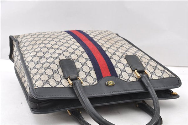 Authentic GUCCI Vintage Sherry Line Tote Hand Bag GG PVC Leather Navy 0880G