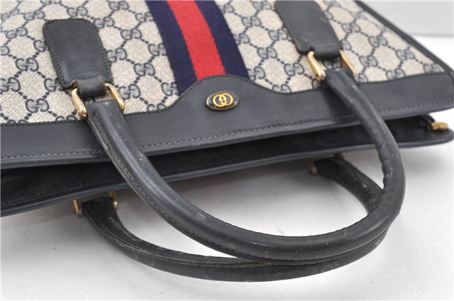 Authentic GUCCI Vintage Sherry Line Tote Hand Bag GG PVC Leather Navy 0880G