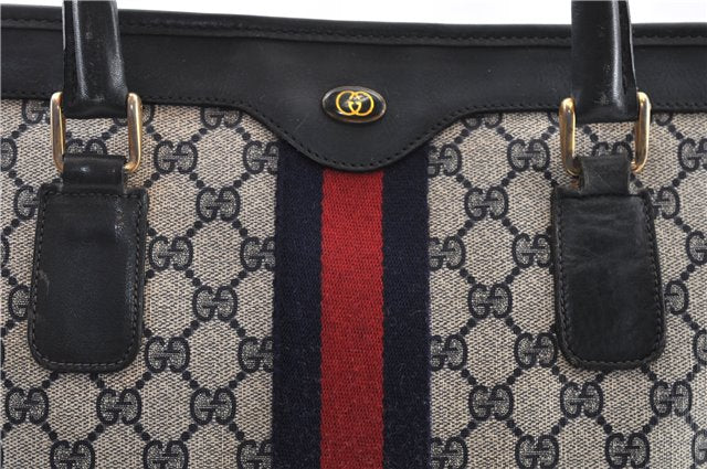Authentic GUCCI Vintage Sherry Line Tote Hand Bag GG PVC Leather Navy 0880G