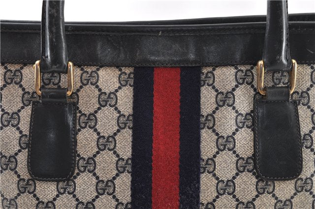 Authentic GUCCI Vintage Sherry Line Tote Hand Bag GG PVC Leather Navy 0880G