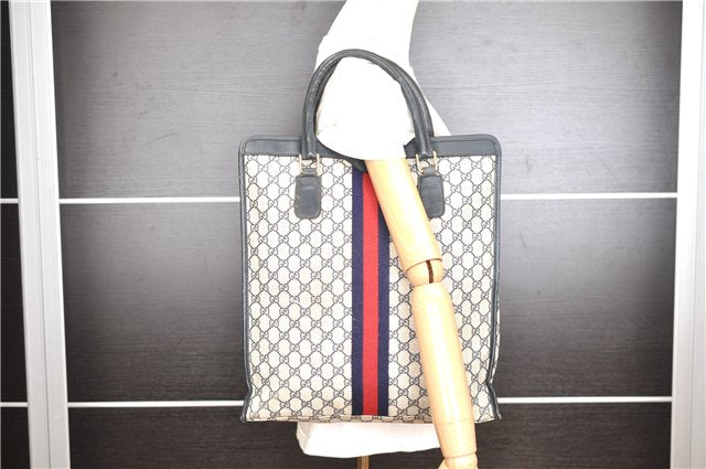 Authentic GUCCI Vintage Sherry Line Tote Hand Bag GG PVC Leather Navy 0880G
