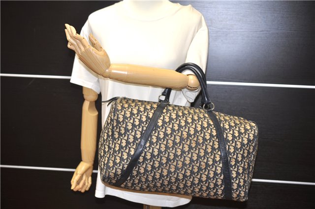 Authentic Christian Dior Trotter Hand Boston Bag Canvas Leather Blue 0881G