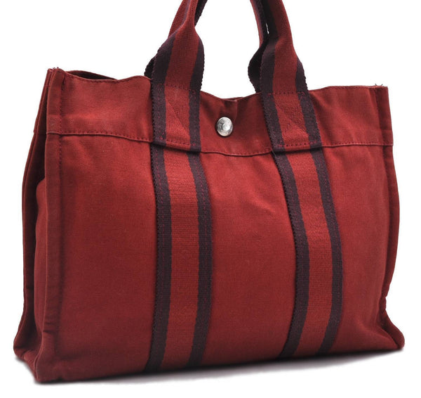 Authentic HERMES Fourre Tout PM Hand Tote Bag Canvas Wine Red 0882C