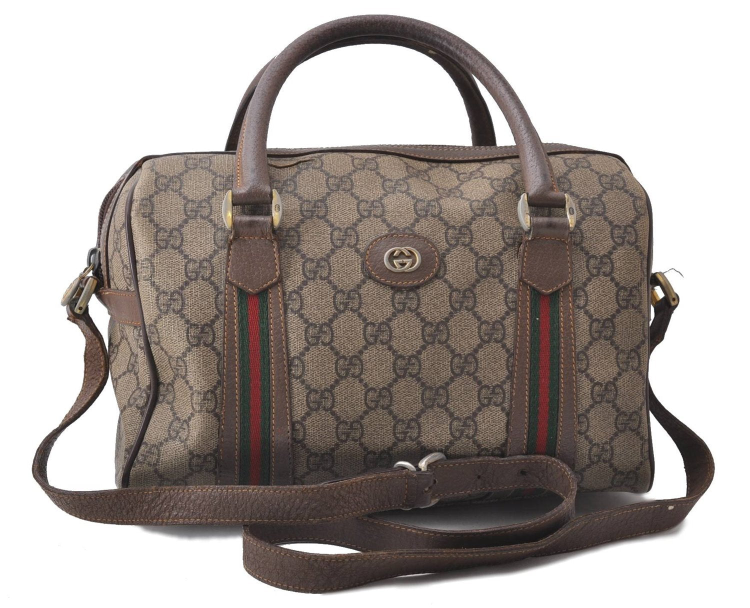 Auth GUCCI Web Sherry Line 2Way Hand Boston Bag GG PVC Leather Brown Junk 0886D