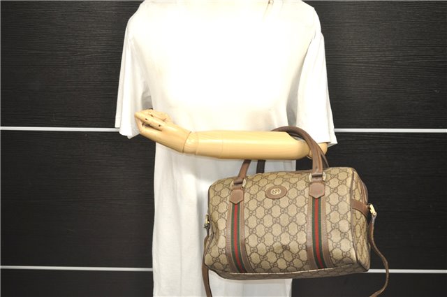 Auth GUCCI Web Sherry Line 2Way Hand Boston Bag GG PVC Leather Brown Junk 0886D