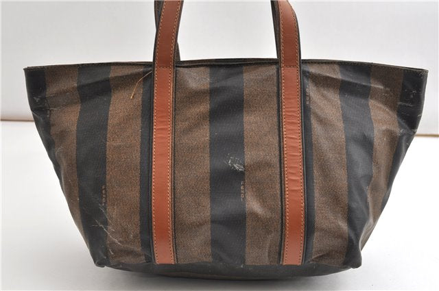 Authentic FENDI Vintage Pequin Hand Tote Bag Purse PVC Leather Brown Black 0886G