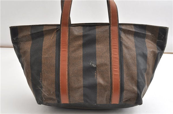 Authentic FENDI Vintage Pequin Hand Tote Bag Purse PVC Leather Brown Black 0886G