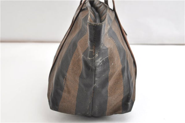 Authentic FENDI Vintage Pequin Hand Tote Bag Purse PVC Leather Brown Black 0886G