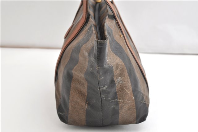 Authentic FENDI Vintage Pequin Hand Tote Bag Purse PVC Leather Brown Black 0886G