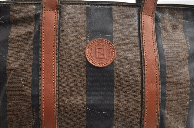 Authentic FENDI Vintage Pequin Hand Tote Bag Purse PVC Leather Brown Black 0886G