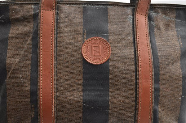 Authentic FENDI Vintage Pequin Hand Tote Bag Purse PVC Leather Brown Black 0886G