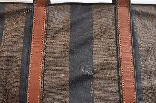 Authentic FENDI Vintage Pequin Hand Tote Bag Purse PVC Leather Brown Black 0886G