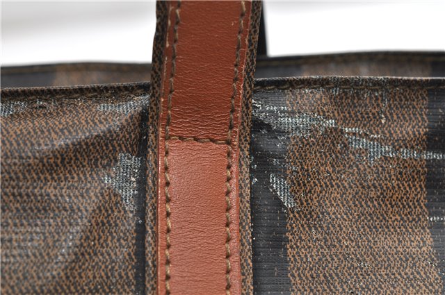 Authentic FENDI Vintage Pequin Hand Tote Bag Purse PVC Leather Brown Black 0886G