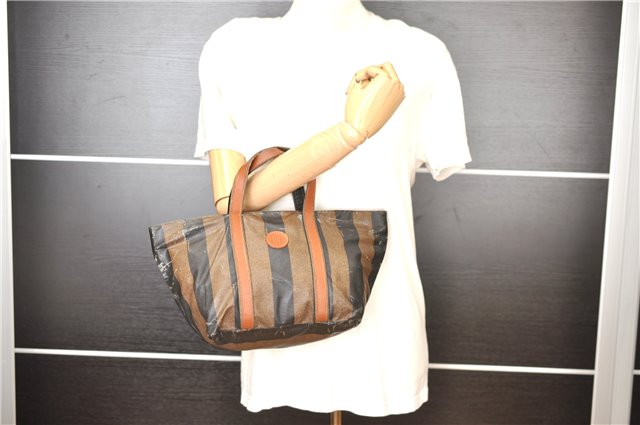 Authentic FENDI Vintage Pequin Hand Tote Bag Purse PVC Leather Brown Black 0886G