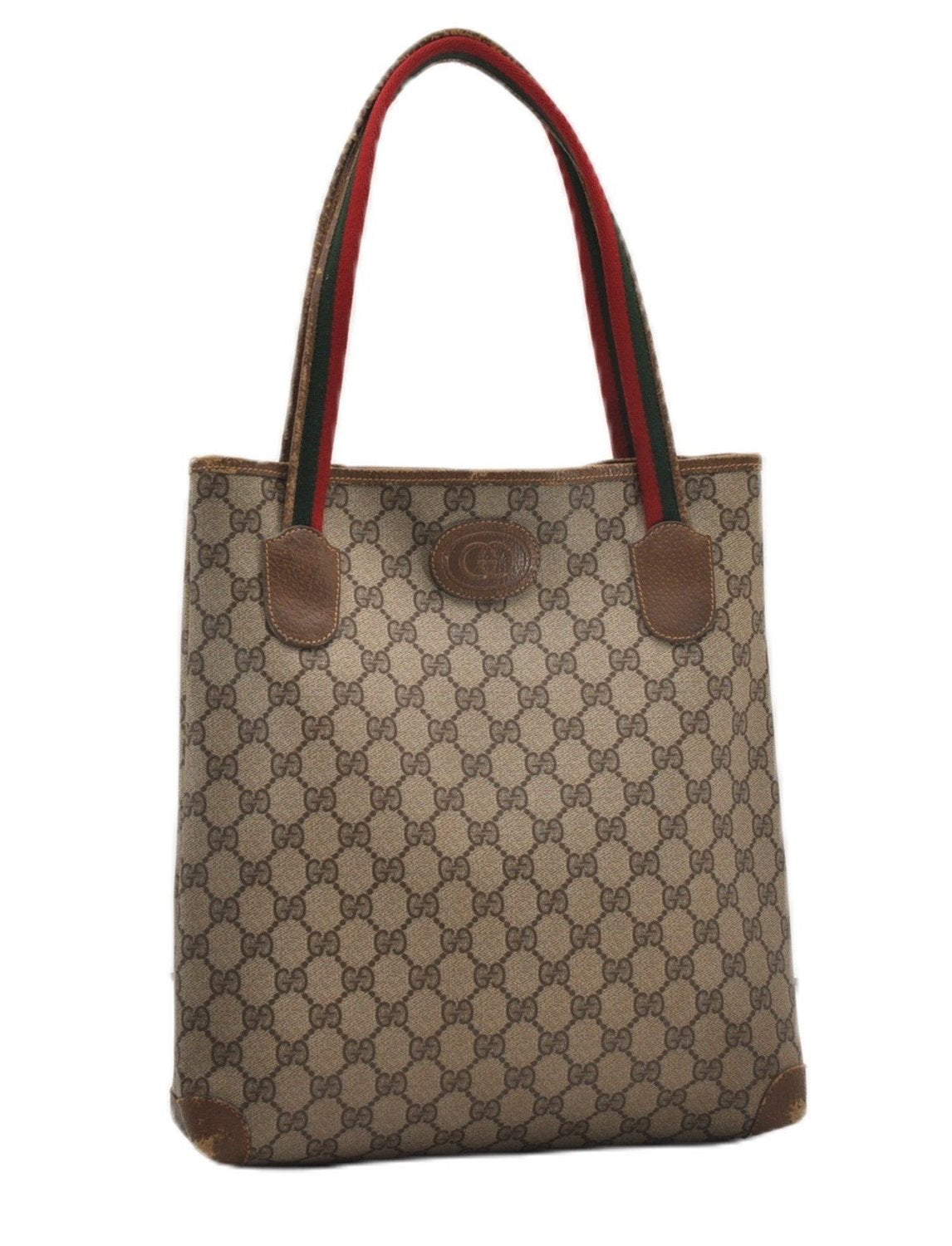 Authentic GUCCI Web Sherry Line Shoulder Tote Bag GG PVC Leather Brown 0888G