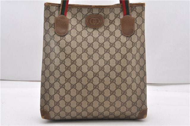 Authentic GUCCI Web Sherry Line Shoulder Tote Bag GG PVC Leather Brown 0888G