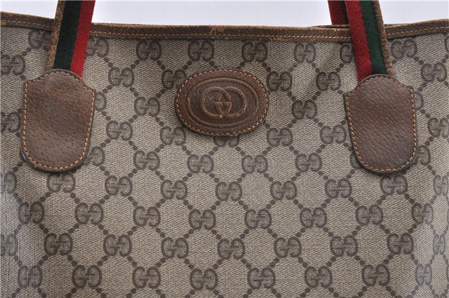 Authentic GUCCI Web Sherry Line Shoulder Tote Bag GG PVC Leather Brown 0888G