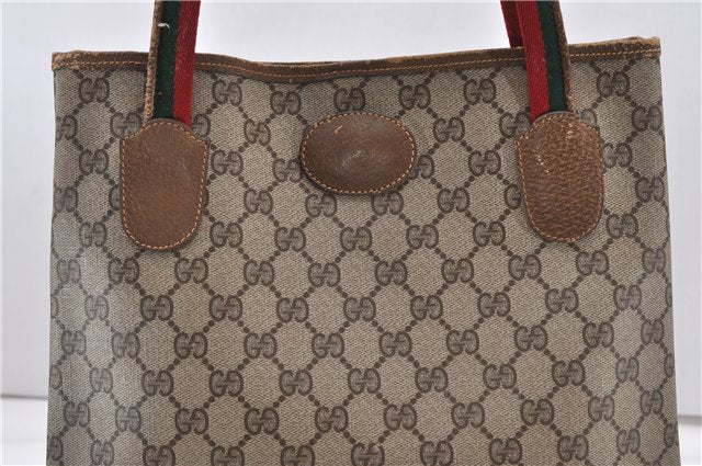 Authentic GUCCI Web Sherry Line Shoulder Tote Bag GG PVC Leather Brown 0888G