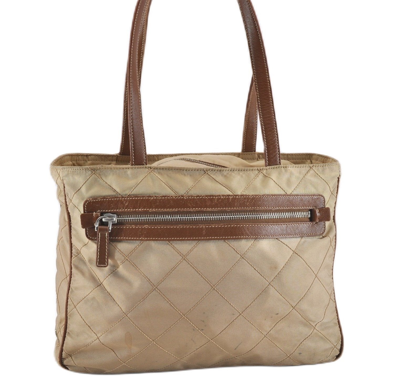 Authentic PRADA Nylon Tessuto Leather Shoulder Tote Bag BR2218 Beige 0898G