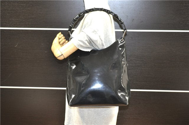 Authentic GUCCI Vintage Bamboo Shoulder Bag Purse Enamel Black 0901G