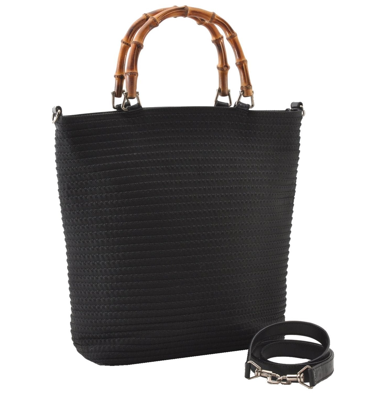 Authentic GUCCI Vintage Bamboo 2Way Shoulder Tote Bag Nylon Enamel Black 0902G