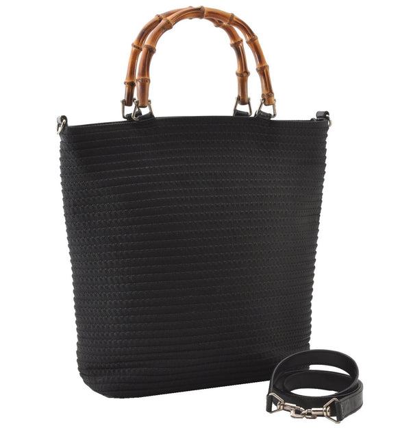 Authentic GUCCI Vintage Bamboo 2Way Shoulder Tote Bag Nylon Enamel Black 0902G