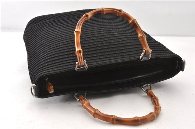 Authentic GUCCI Vintage Bamboo 2Way Shoulder Tote Bag Nylon Enamel Black 0902G