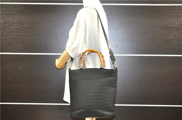 Authentic GUCCI Vintage Bamboo 2Way Shoulder Tote Bag Nylon Enamel Black 0902G