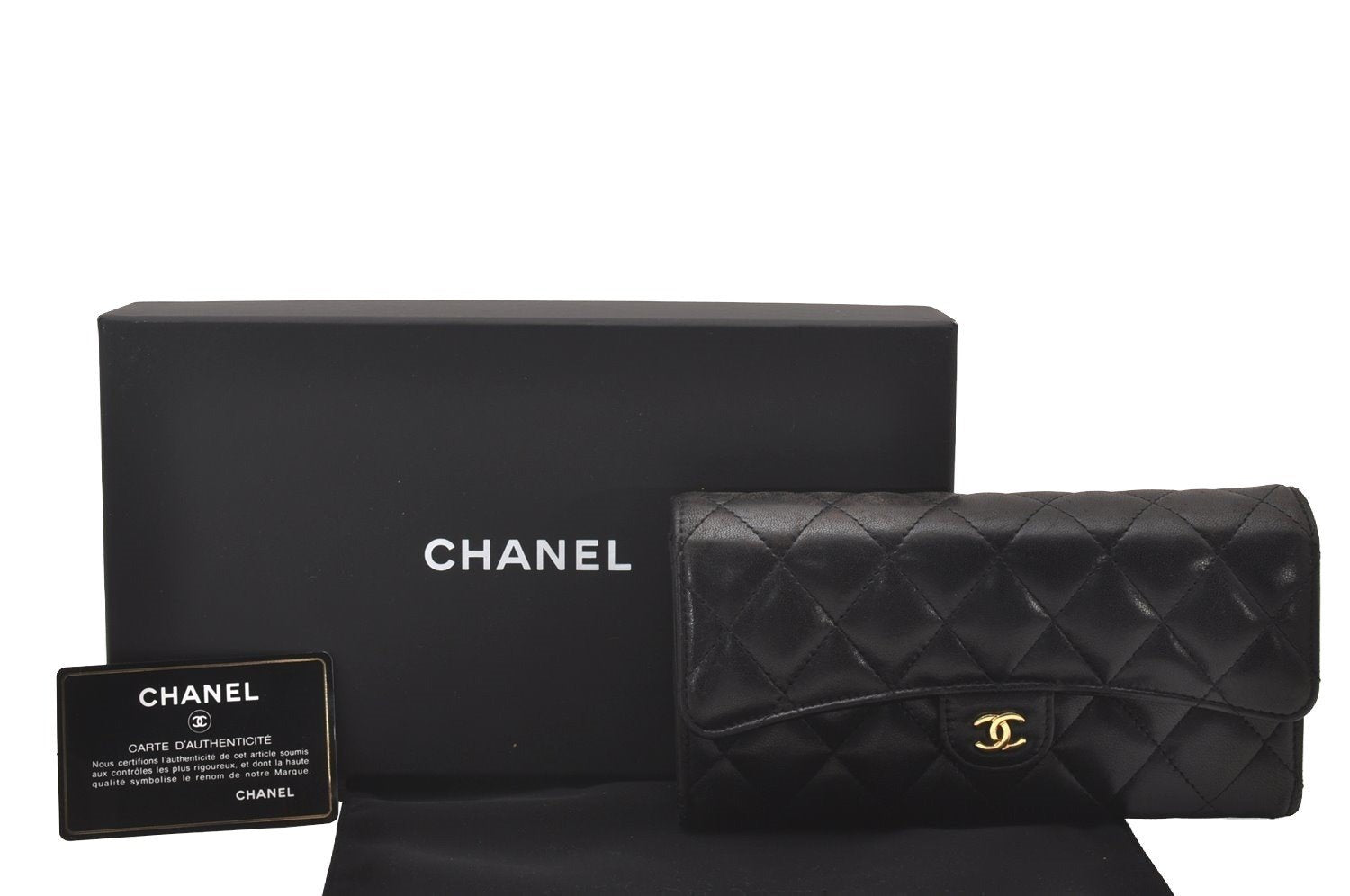 Authentic CHANEL Lamb Skin Matelasse Long Wallet Purse Black CC Box 0904I