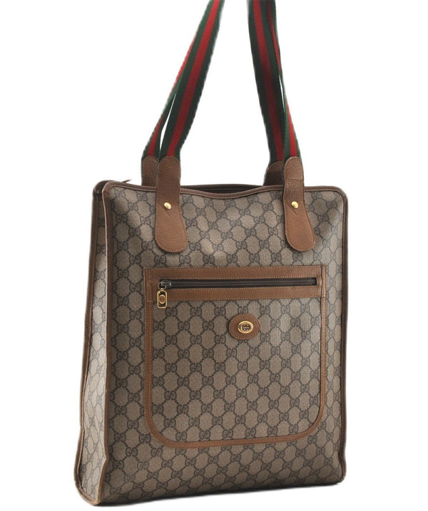 Authentic GUCCI Web Sherry Line Shoulder Tote Bag GG PVC Leather Brown 0906G