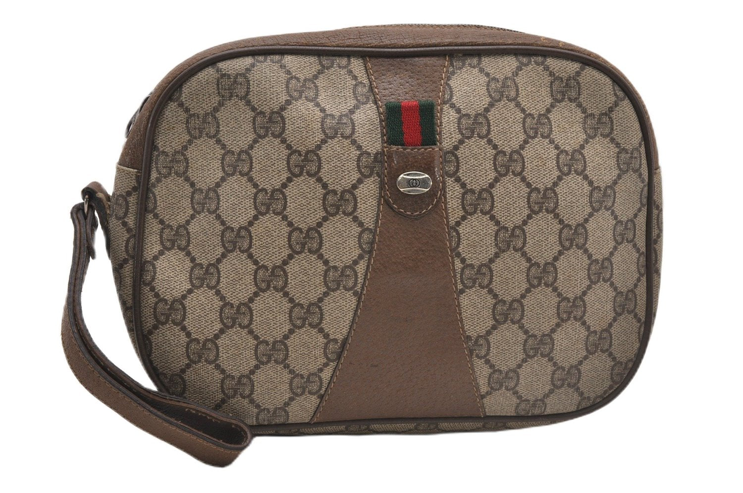 Authentic GUCCI Web Sherry Line Clutch Hand Bag Purse GG PVC Leather Brown 0911G