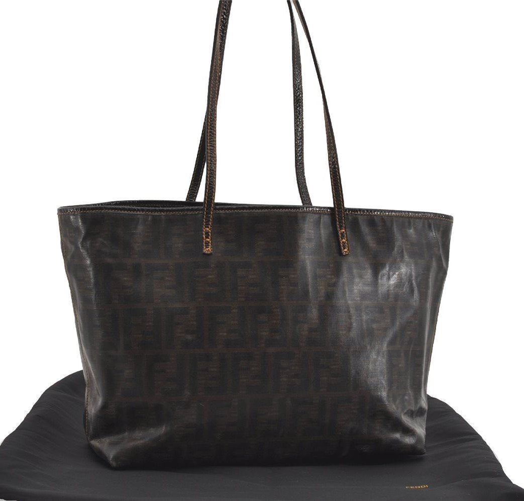 Authentic FENDI Vintage Zucca Shoulder Tote Bag PVC Enamel Brown 0914I