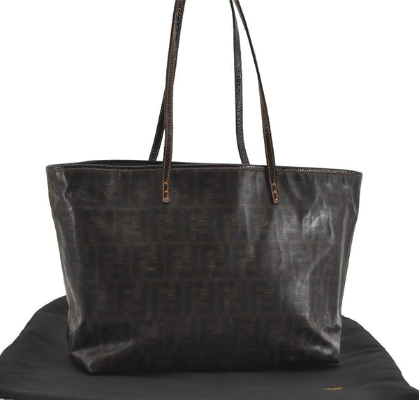 Authentic FENDI Vintage Zucca Shoulder Tote Bag PVC Enamel Brown 0914I
