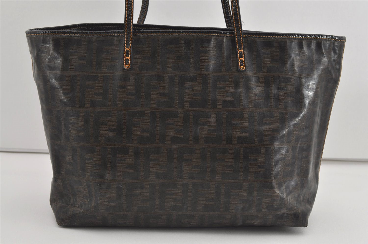 Authentic FENDI Vintage Zucca Shoulder Tote Bag PVC Enamel Brown 0914I