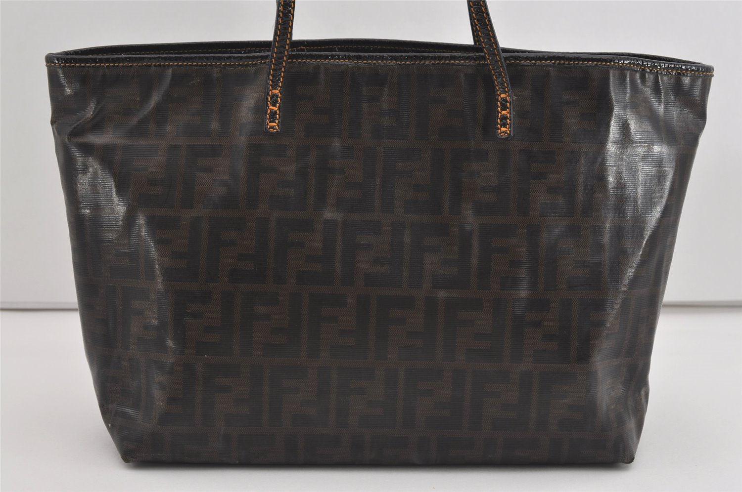 Authentic FENDI Vintage Zucca Shoulder Tote Bag PVC Enamel Brown 0914I