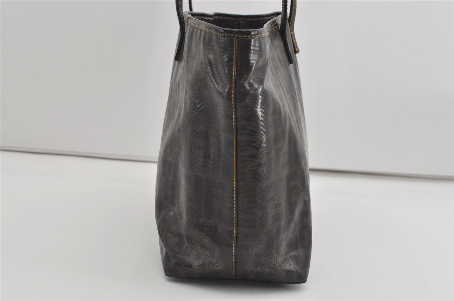 Authentic FENDI Vintage Zucca Shoulder Tote Bag PVC Enamel Brown 0914I