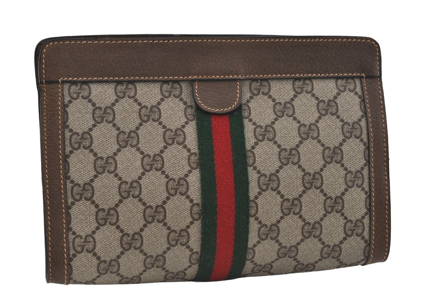 Authentic GUCCI Web Sherry Line Clutch Hand Bag Purse GG PVC Leather Brown 0915I