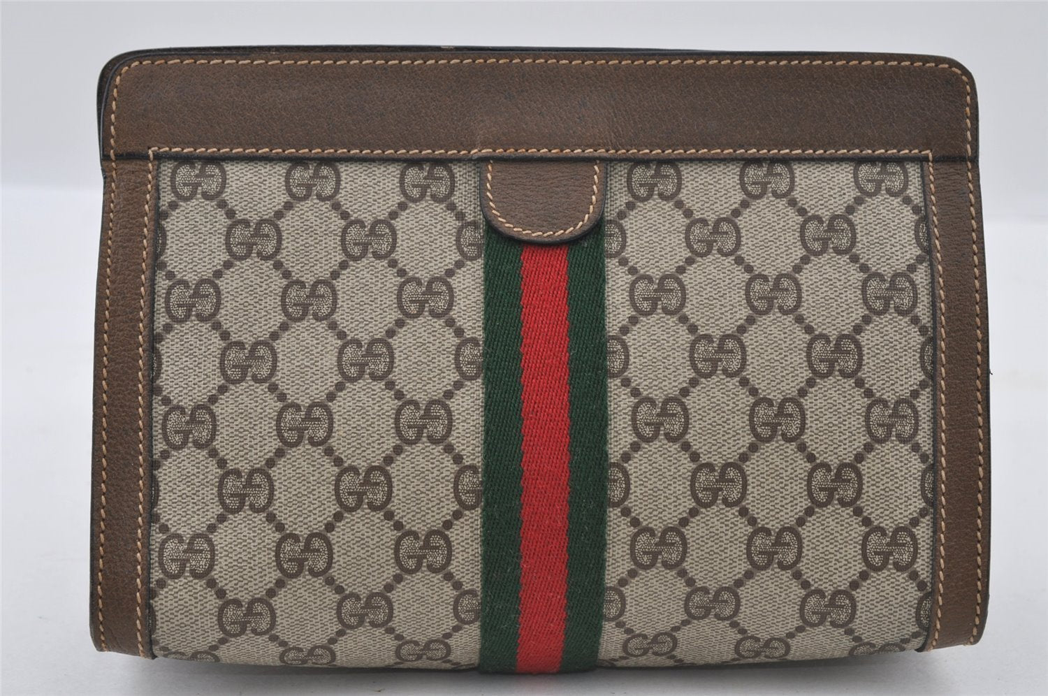 Authentic GUCCI Web Sherry Line Clutch Hand Bag Purse GG PVC Leather Brown 0915I