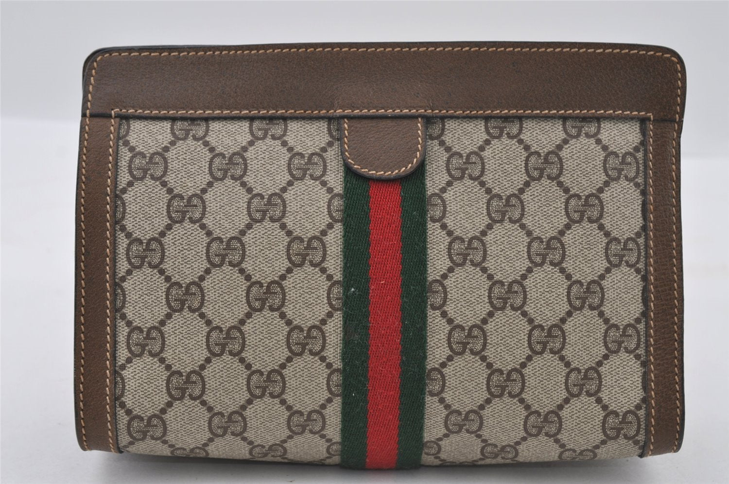 Authentic GUCCI Web Sherry Line Clutch Hand Bag Purse GG PVC Leather Brown 0915I