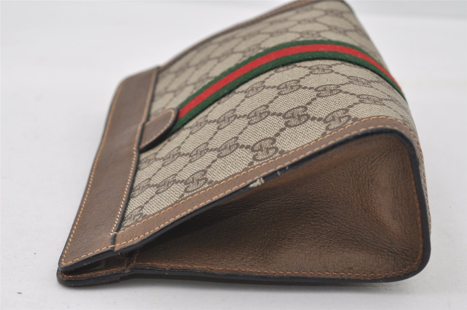 Authentic GUCCI Web Sherry Line Clutch Hand Bag Purse GG PVC Leather Brown 0915I