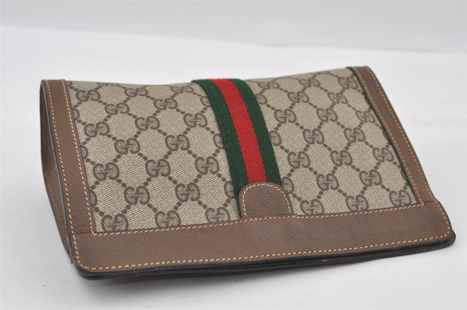 Authentic GUCCI Web Sherry Line Clutch Hand Bag Purse GG PVC Leather Brown 0915I