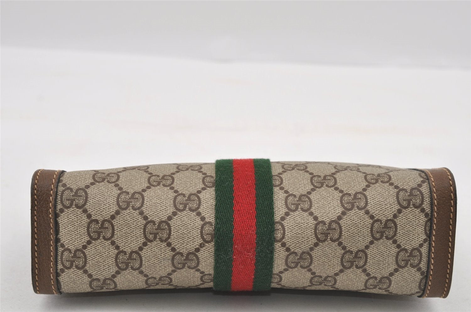 Authentic GUCCI Web Sherry Line Clutch Hand Bag Purse GG PVC Leather Brown 0915I