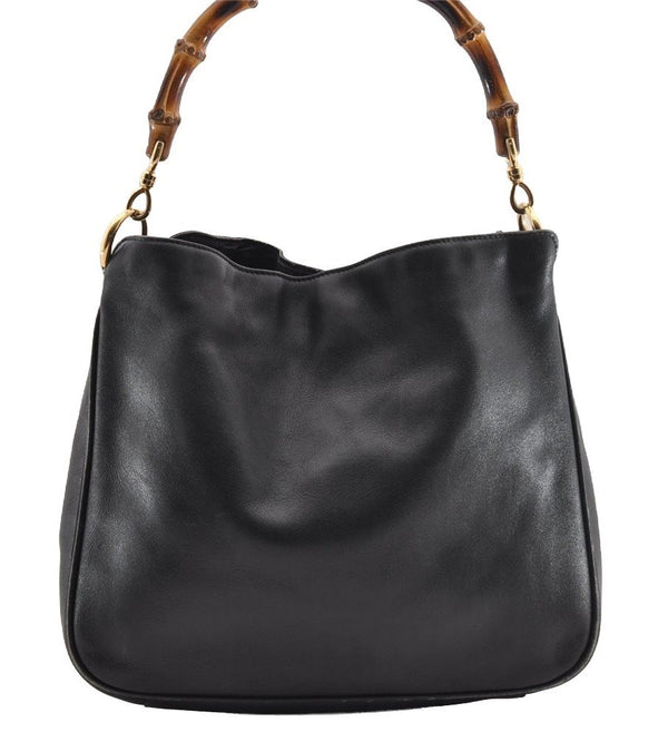 Authentic GUCCI Vintage Bamboo Shoulder Hand Bag Purse Leather Black 0921I