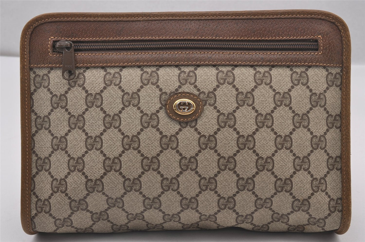 Authentic GUCCI Vintage Clutch Hand Bag Purse GG PVC Leather Brown 0926I