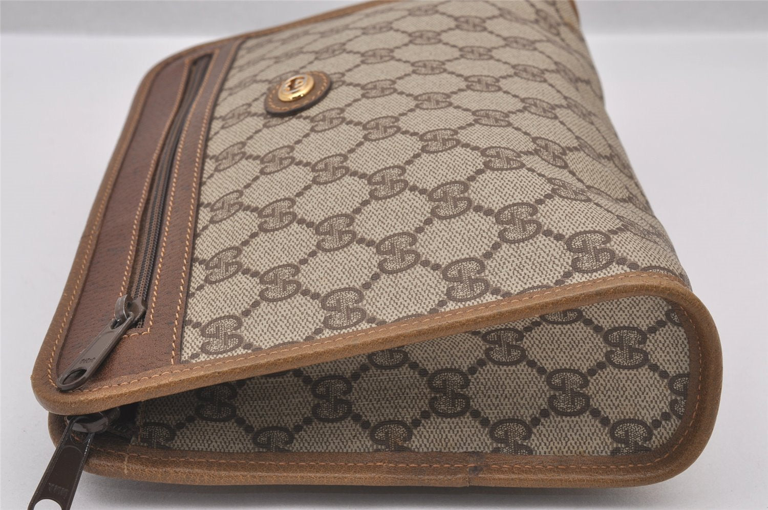 Authentic GUCCI Vintage Clutch Hand Bag Purse GG PVC Leather Brown 0926I