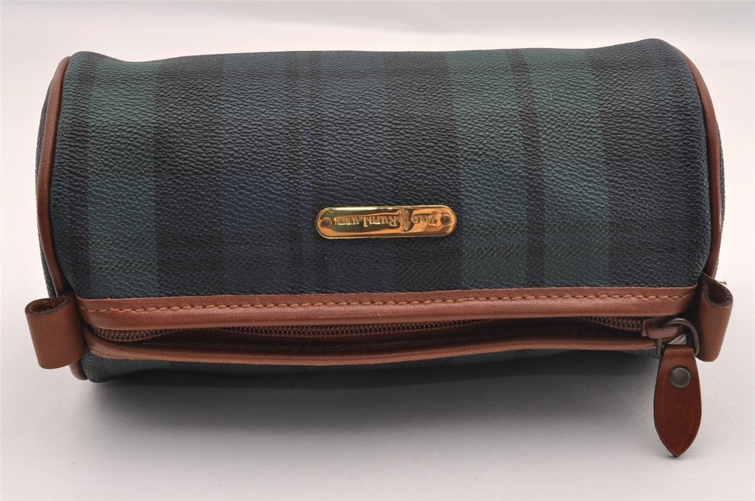 Authentic POLO Ralph Lauren Check Pattern PVC Leather Pouch Purse Green 0927I