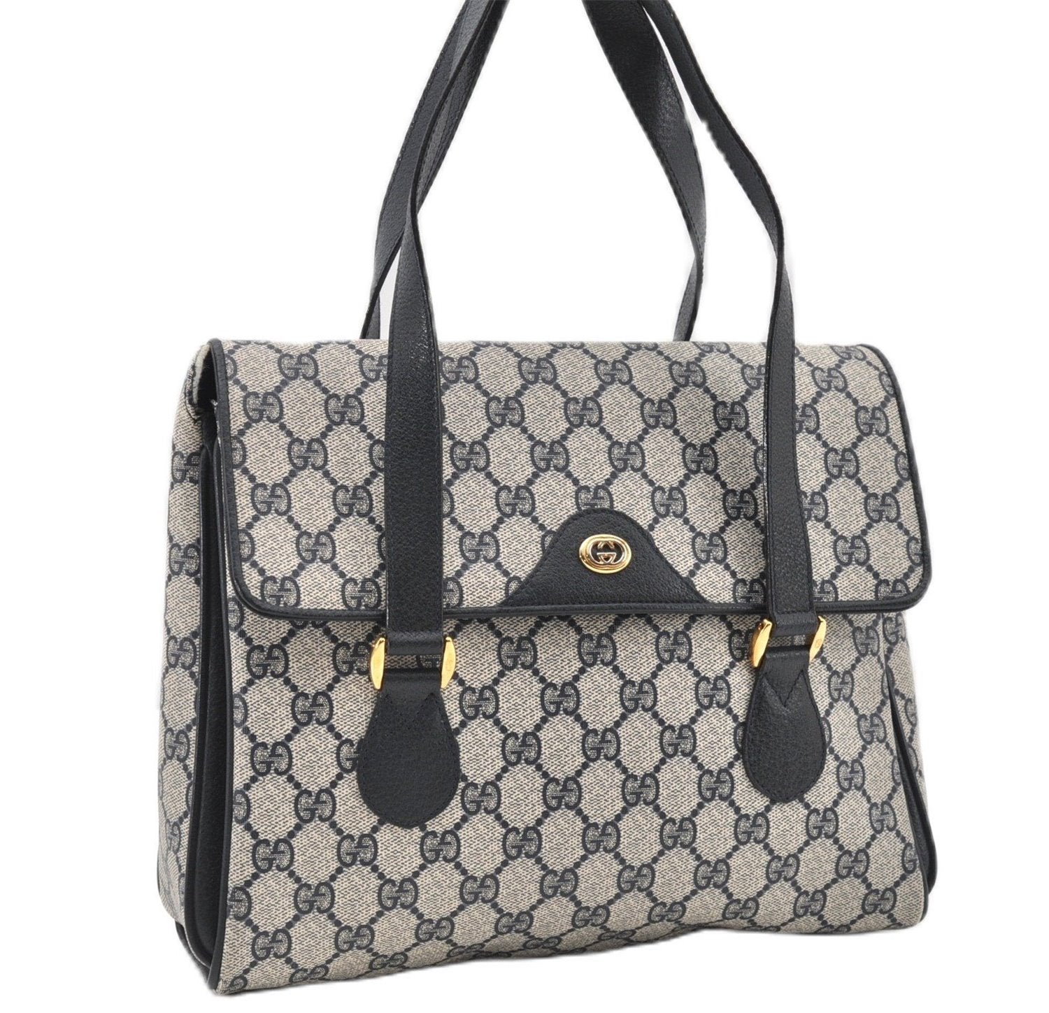 Authentic GUCCI Vintage Shoulder Hand Bag Purse GG PVC Leather Navy Blue 0928G