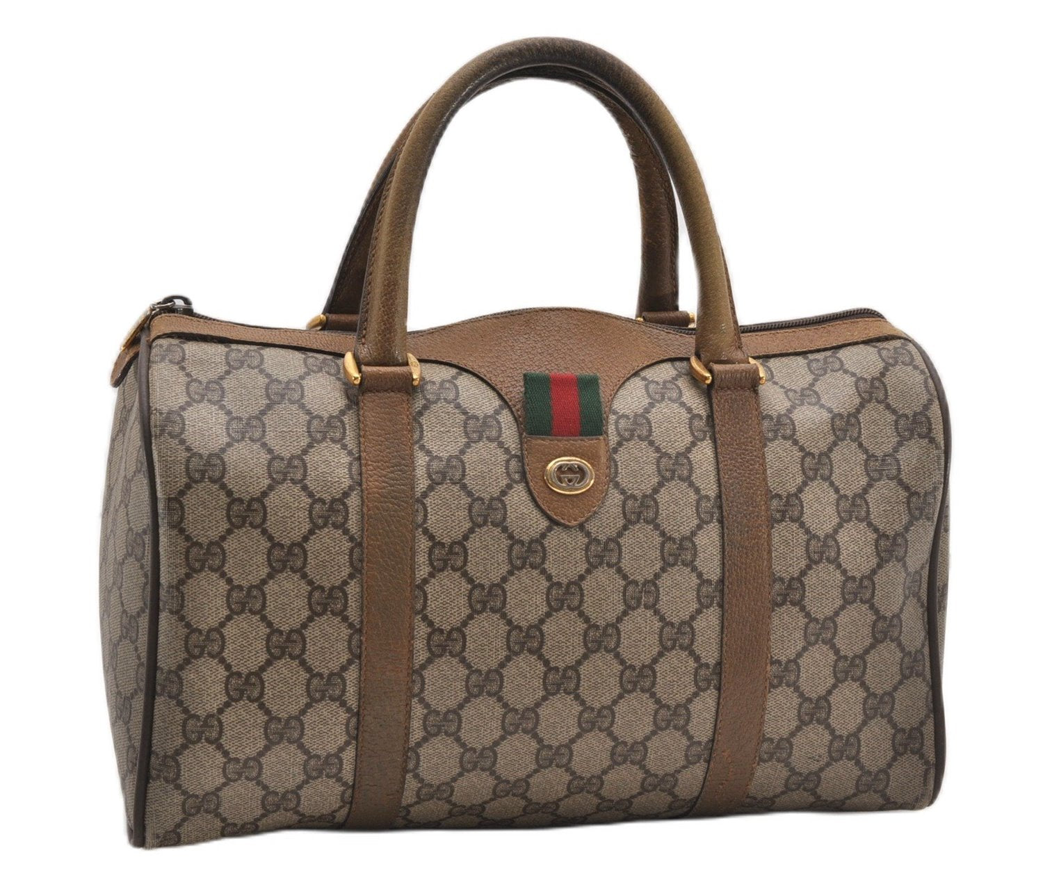 Authentic GUCCI Web Sherry Line Hand Boston Bag GG PVC Leather Brown 0932G